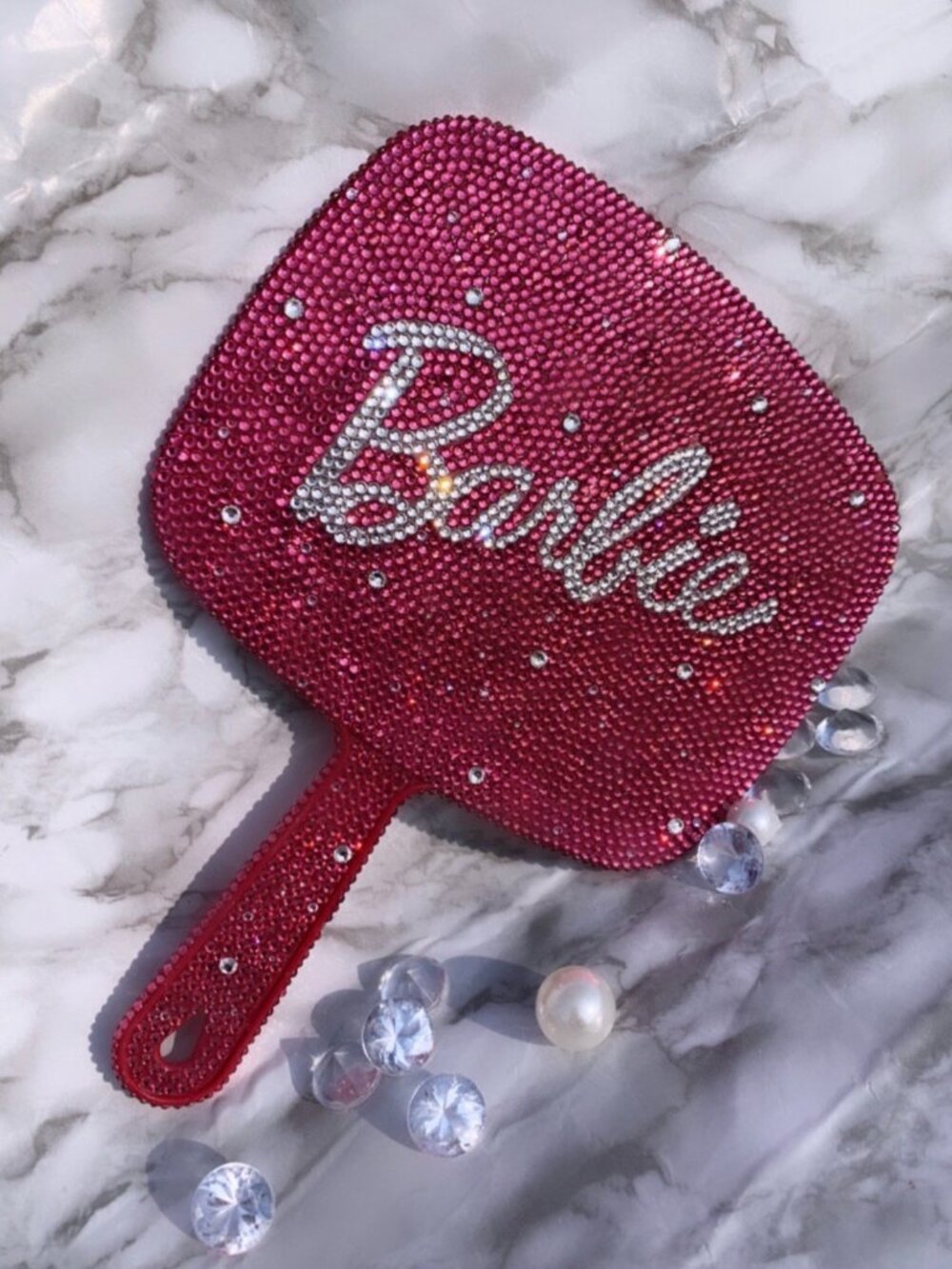 NWOT Barbie Hot Pink Rhinestone Hand Mirror with Silver Logo